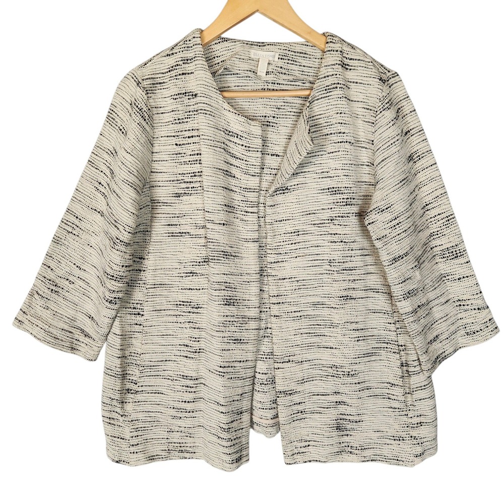 Eileen Fisher Jacket Size M Cream Black Textured Knit Open Front Minimalist